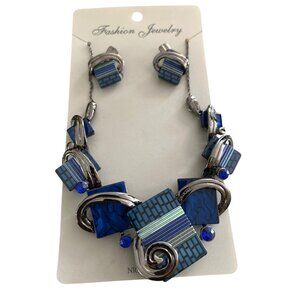 Contemporary Blue Geometric Art Deco Necklace & Earring Set Nickel Free
